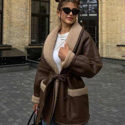 Victoria | Manteau Long en Cuir et Fourrure Élégant