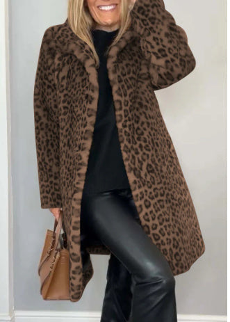 Manteau mi-long en peluche à imprimé léopard automne-hiver